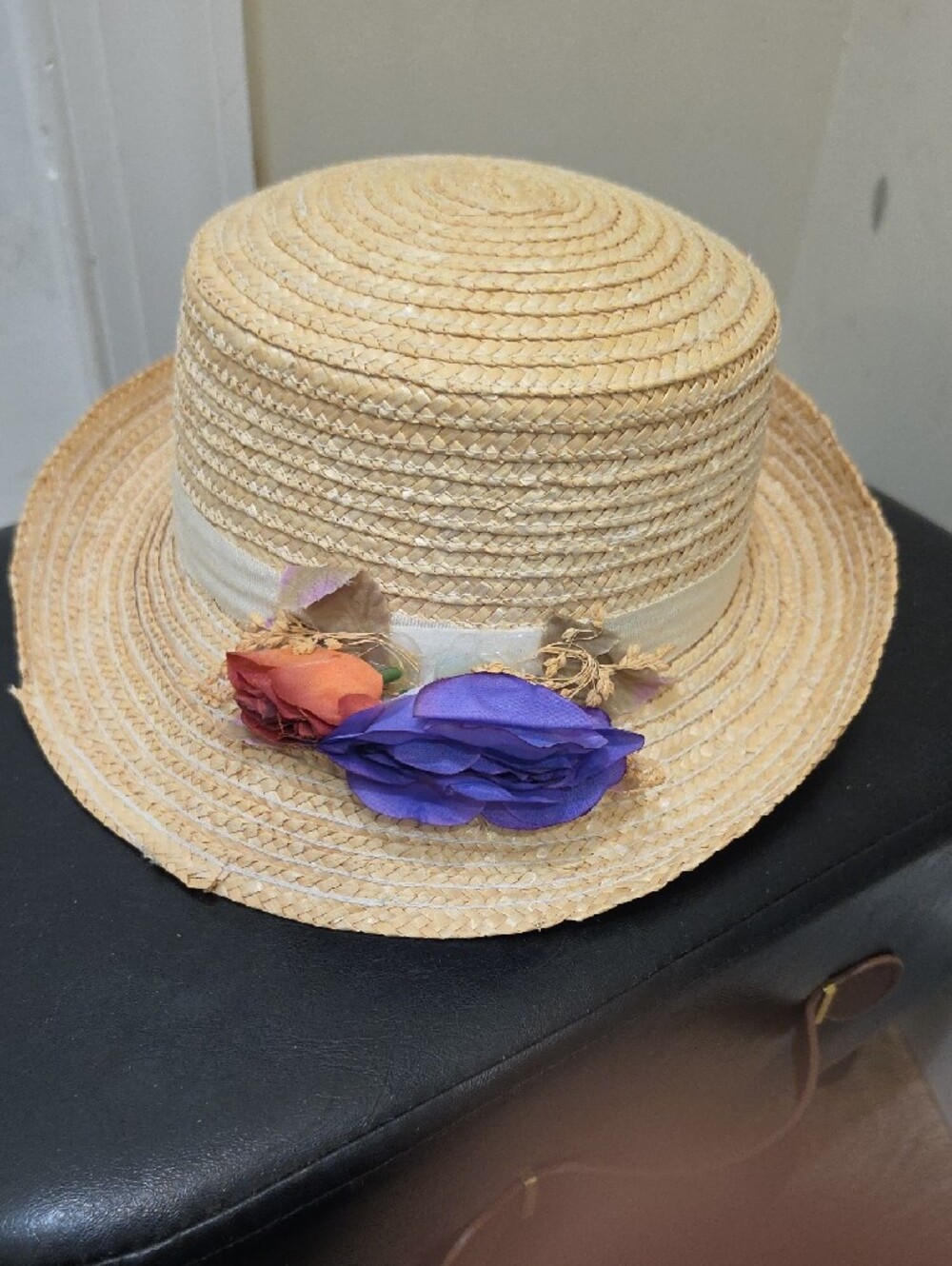 Straw Boater Hat with Purple & Orange Flower Accent - Picture 2 of 3